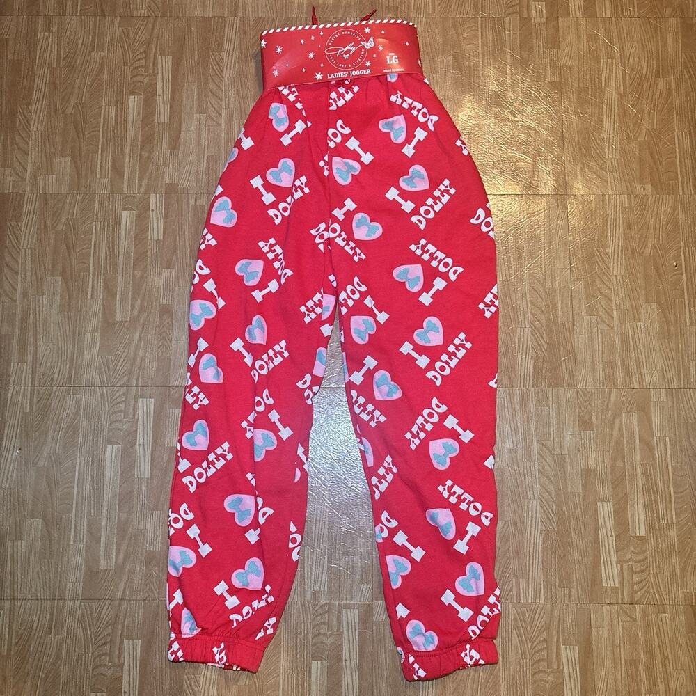 Dolly Parton Ladies Jogger Pants Size Large Red I Love Dolly Hearts NEW